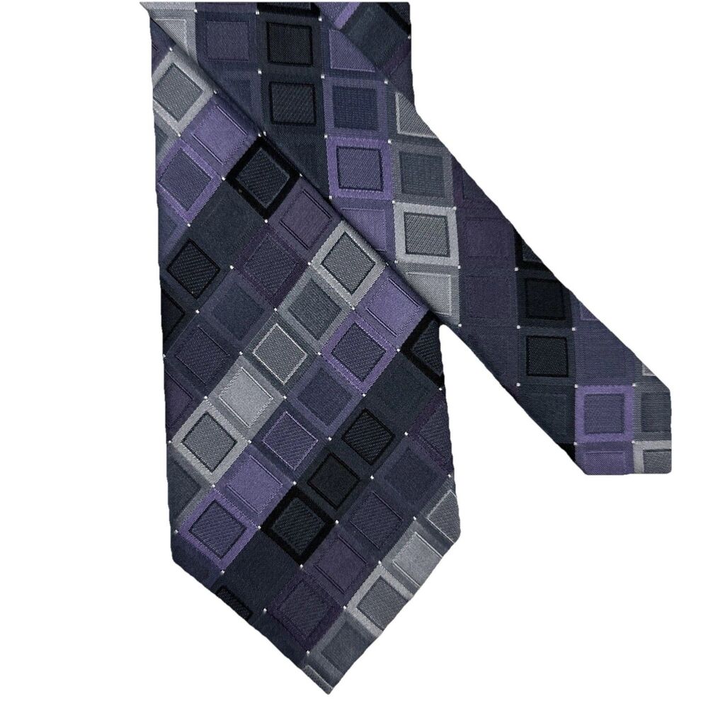 Kenneth Cole Reaction Purple Gray Black Gradient Plaid 100% Silk Tie